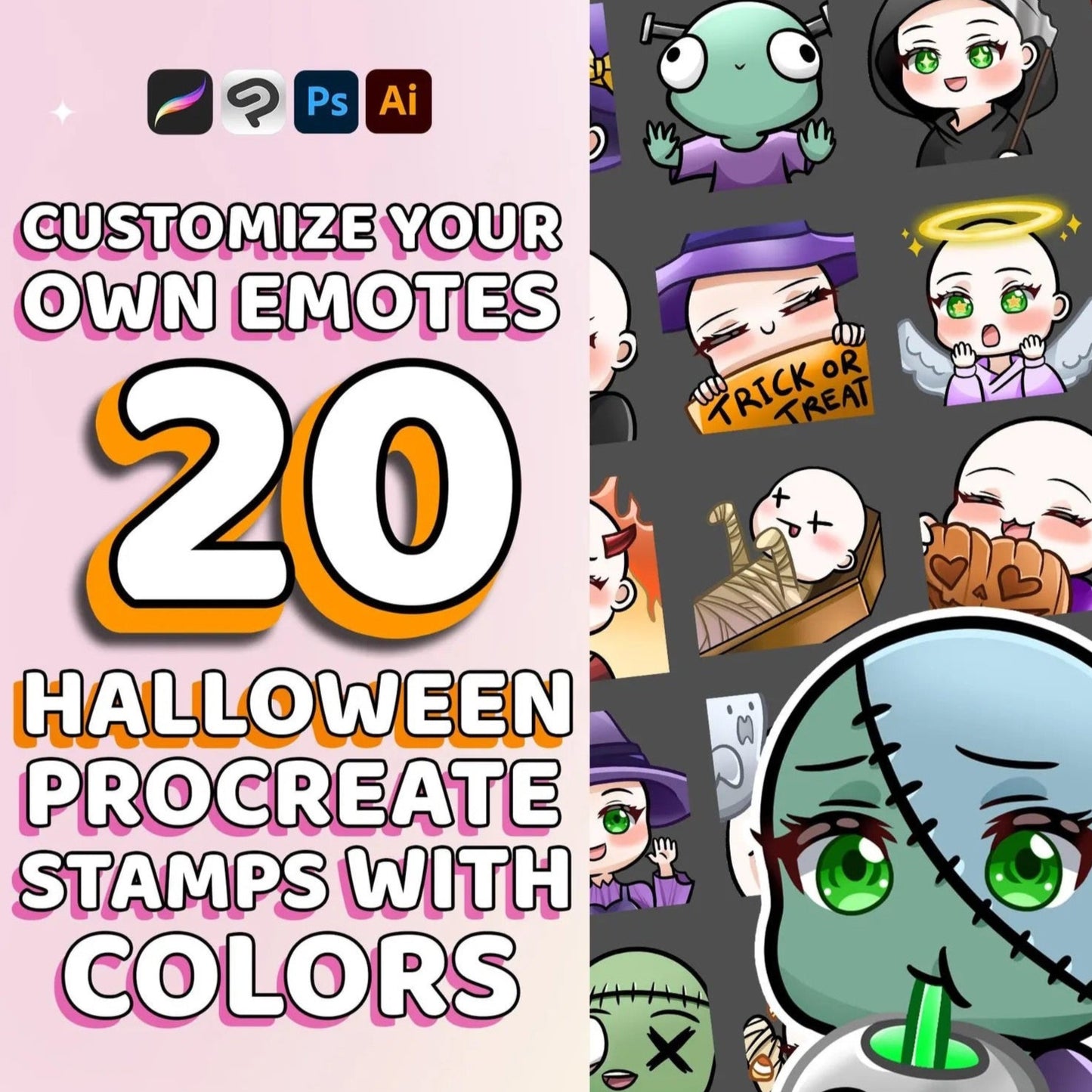 20 Editable Horror/Halloween/Scary Twitch Emote Base - Procreate Brush and Stamp