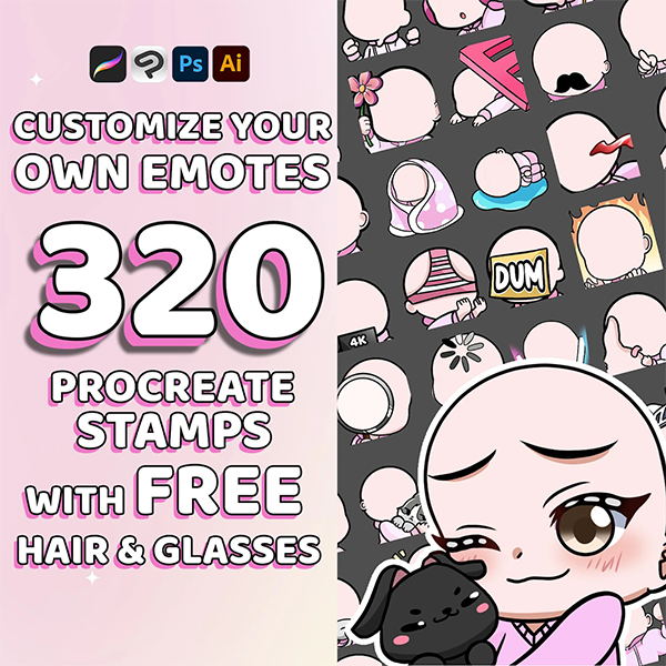 320 Editable Twitch Emote Template with Hair - Procreate Brush and Stamp