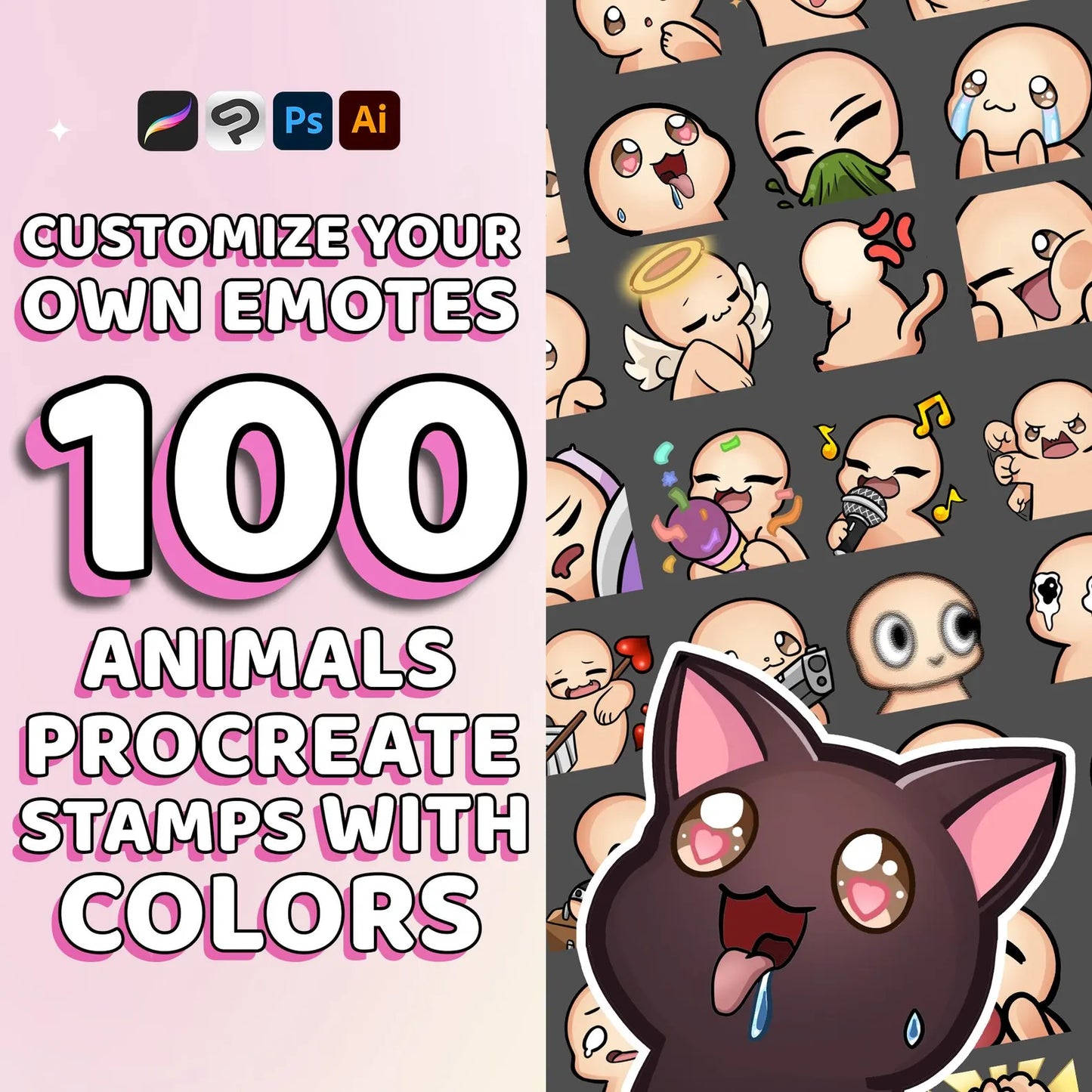 100 Editable Animal Twitch Emote Base - Procreate Brush and Stamp