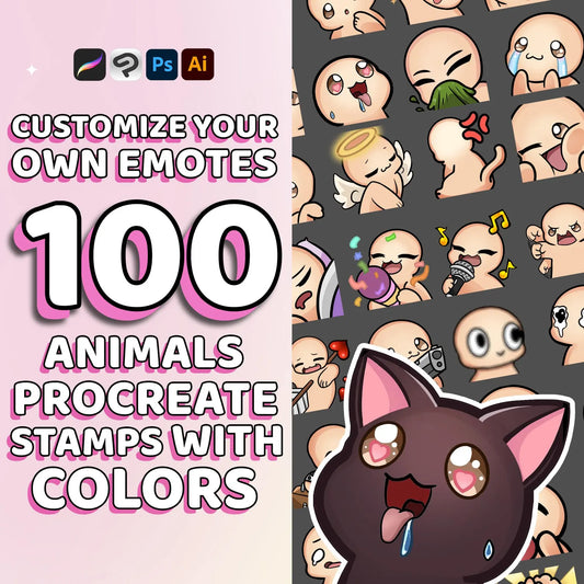 100 Editable Animal Twitch Emote Base - Procreate Brush and Stamp